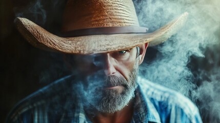 Brimmed straw hat, smoking hipster farmer.