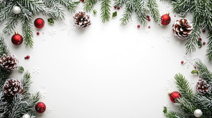 Festive Christmas Border with Pine Branches, Ornaments, and Snowflakes on White Background