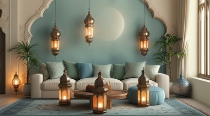 Modern Islamic-Themed Living Room Interior with Soft Cream Tones.