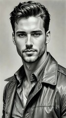 Obraz premium Portrait of a handsome man, black and white sketch 