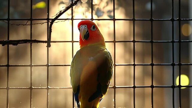 A colorful parrot perched by a cage, illuminated by soft sunlight in the background footage