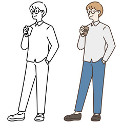 コーヒーを持って立っている眼鏡の男性