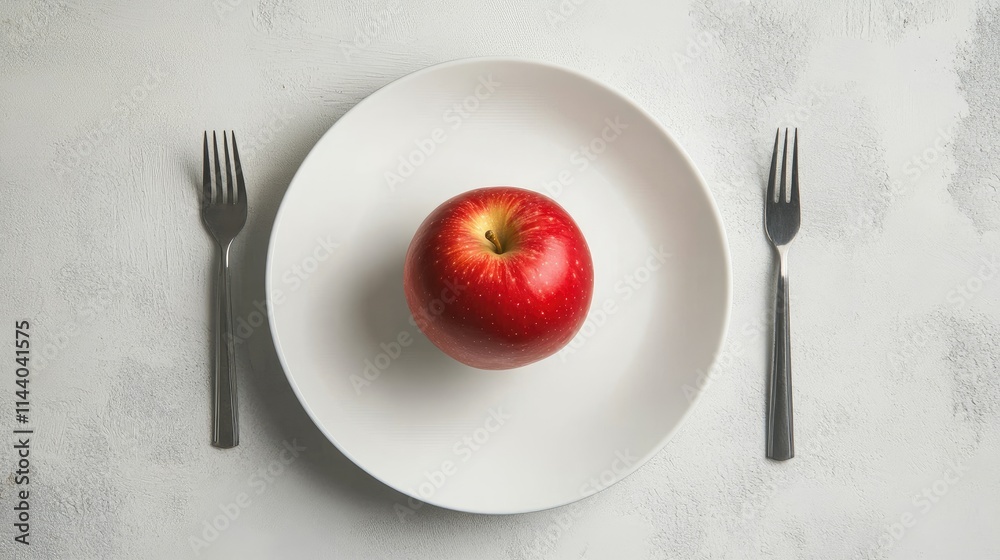 Poster red apple on a white plate with forks on either side on a light textured surface symbolizing healthy