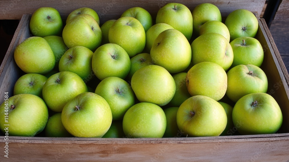 Poster vibrant green apples gathered in a rustic wooden crate showcasing a bountiful harvest ready for dist