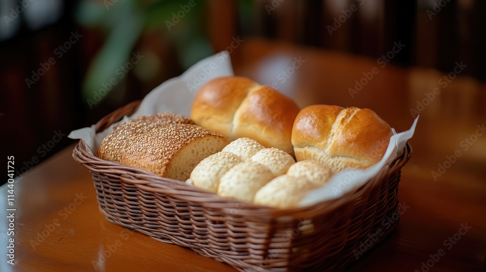 Leinwandbilder assorted freshly baked bread rolls in a wicker basket displayed on a wooden table setting