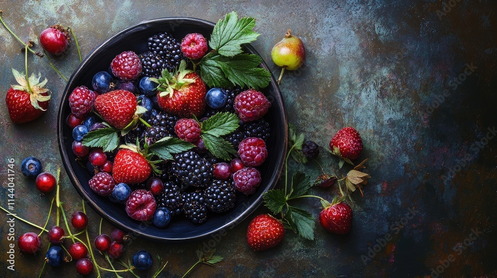 Poster assorted fresh berries including strawberries raspberries blueberries and blackberries arranged in a
