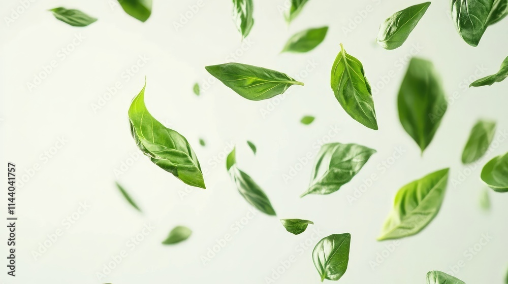Poster Falling basil leaves creating a dynamic fresh atmosphere against a light background for culinary and wellness concepts