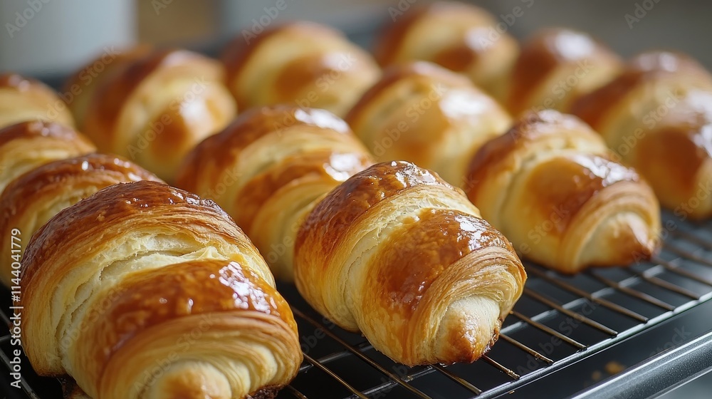 Poster golden brown freshly baked croissants cooling on a wire rack with a soft and flaky texture inviting 