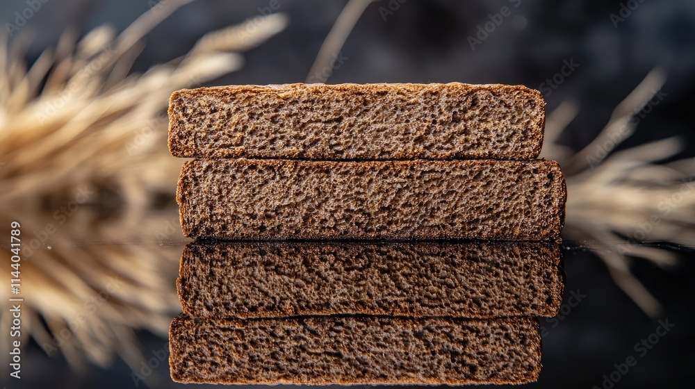 Aufkleber Rye bread slices stacked on reflective surface with blurred wheat background showcasing texture and rustic appeal
