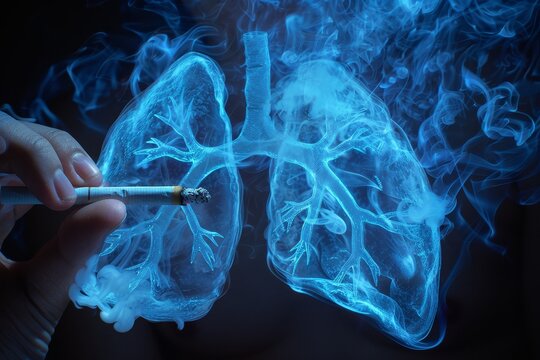 Visual representation of smoking  a smoker s hand with a cigarette beside lungs filled with smoke