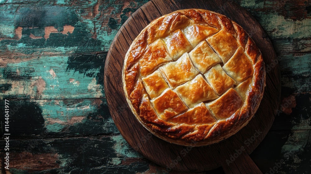 Poster freshly baked apple pie with golden crust displayed on rustic wooden table background