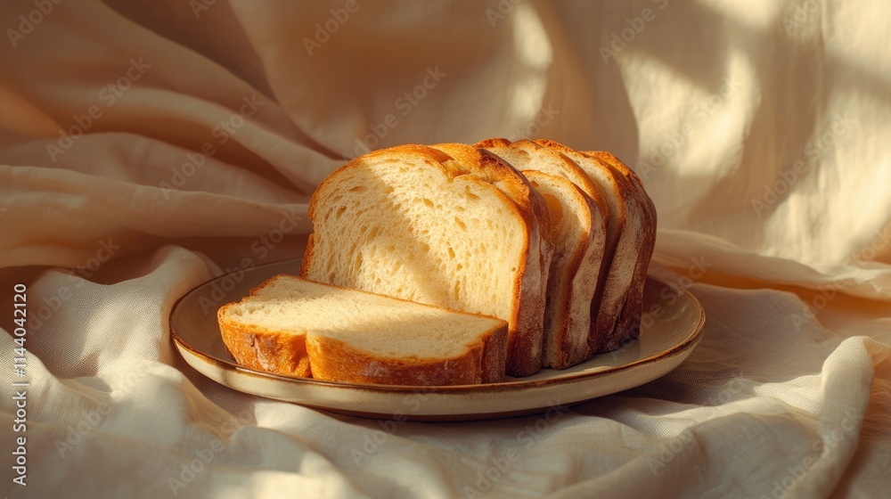 Poster sliced fresh baked bread served on a plate with soft lighting and fabric background for a cozy dinin