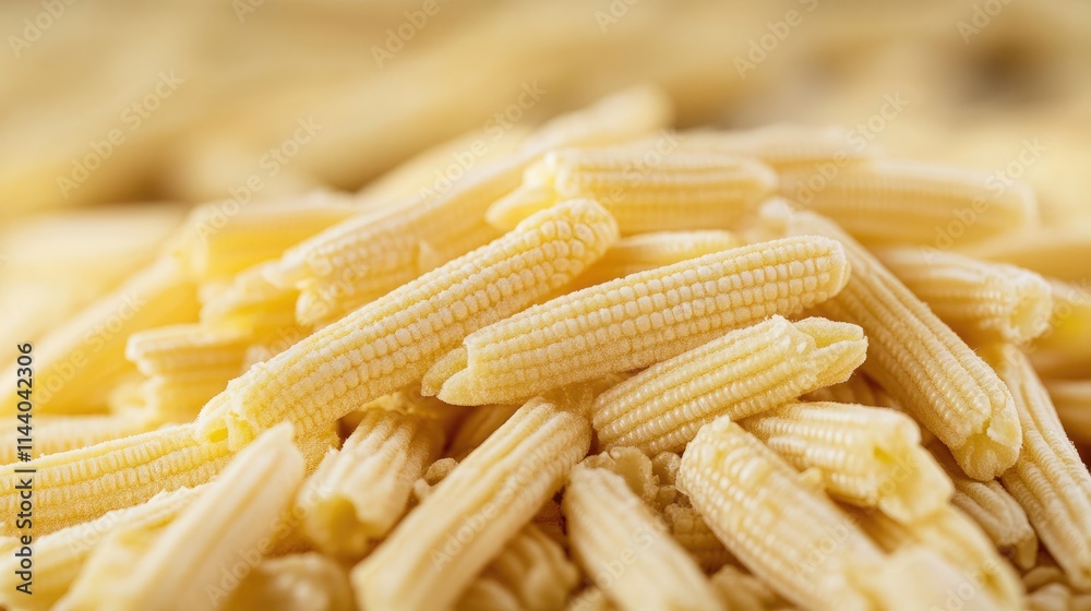 Poster heap of fresh baby corn kernels with a blurred background showcasing their sweet and tender texture 