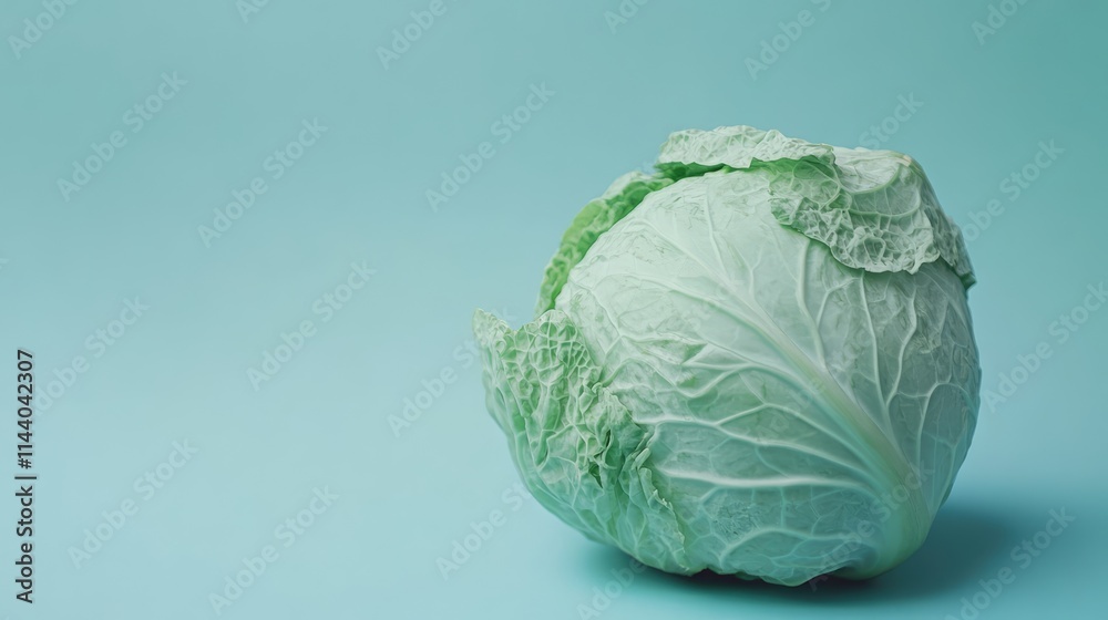 Poster fresh green cabbage head on a soft blue background showcasing its texture and vibrant color for culi