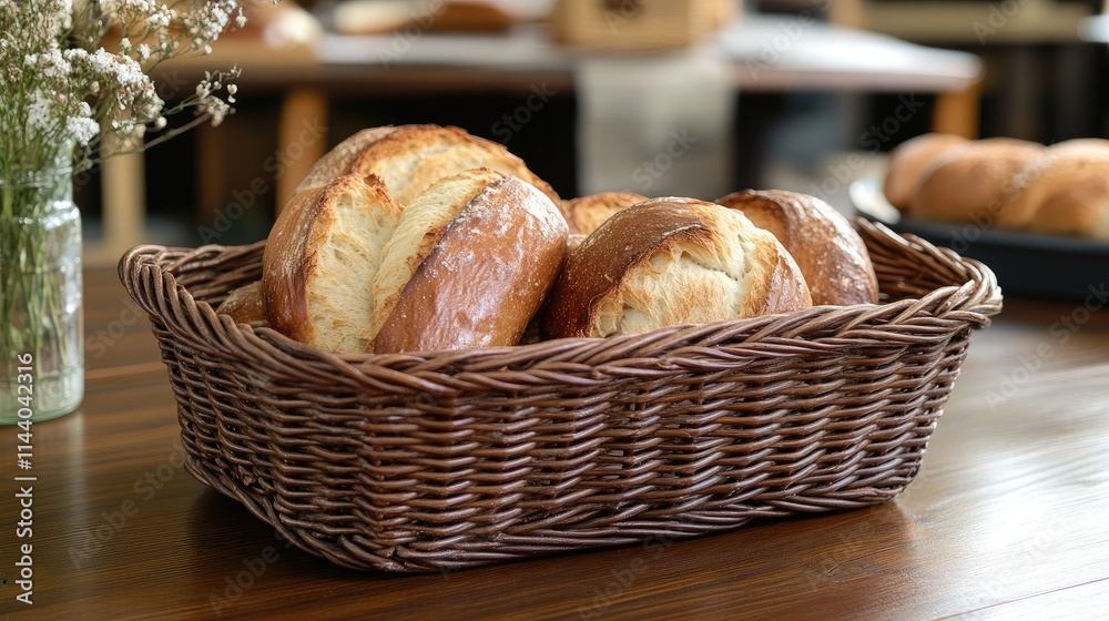 Aufkleber Assorted fresh baked breads in a rustic wicker basket displayed on a wooden table in a cozy bakery setting