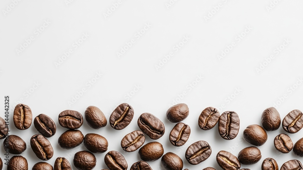 Poster aromatic roasted coffee beans arranged on a white background showcasing rich texture and color in a 