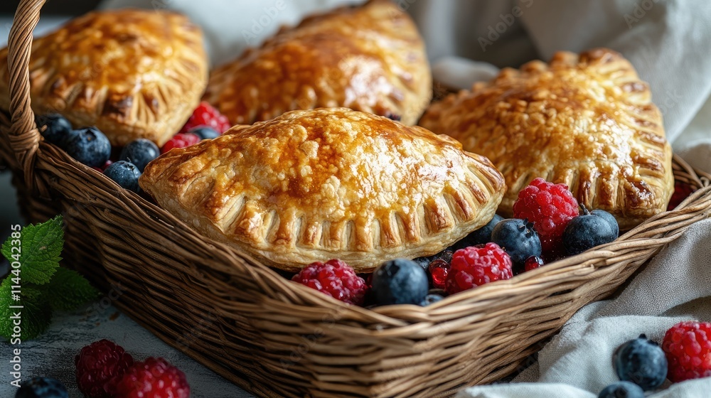Poster golden brown baked pasties filled with berries arranged in a rustic basket on a soft cloth backdrop.