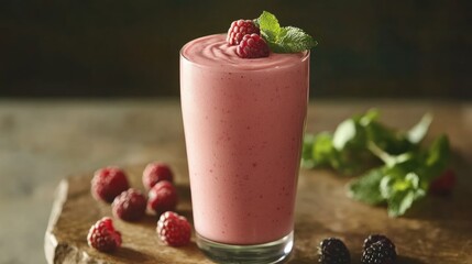 Berry smoothie served in a glass with fresh raspberries and mint against a rustic wooden...