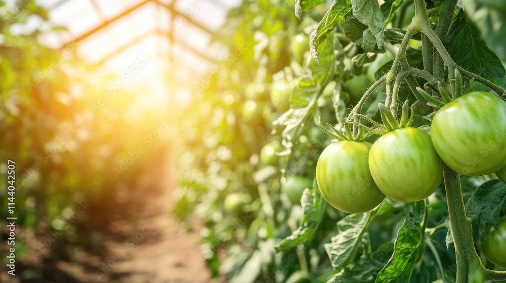 Aufkleber fresh green tomatoes on the vine in a greenhouse with soft sunlight and a blurred background ideal f