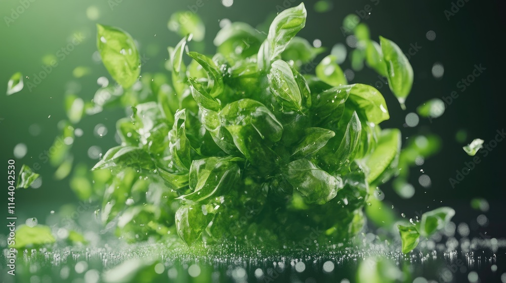 Aufkleber fresh basil leaves splashing in water with vibrant green colors showcasing freshness and culinary po