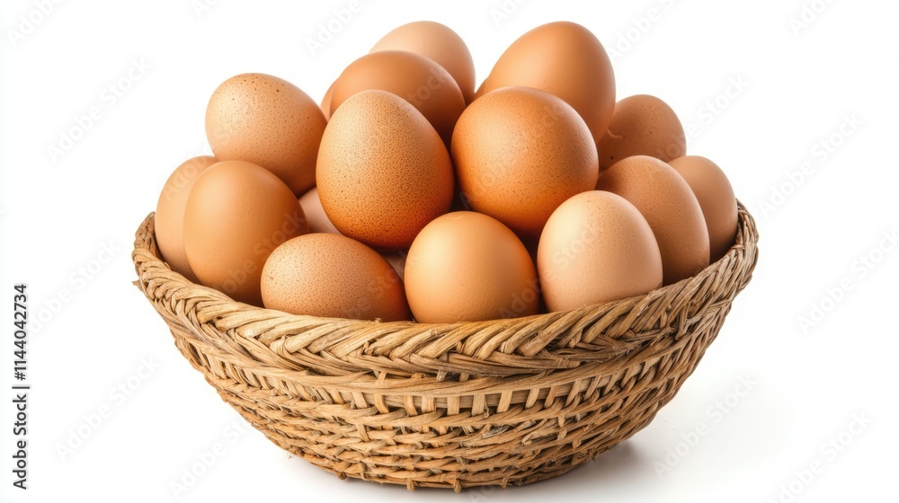 Poster fresh brown eggs stacked in a rustic wicker bowl on a white background showcasing their natural text