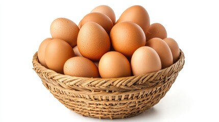 Fresh brown eggs stacked in a rustic wicker bowl on a white background showcasing their natural texture and color allure