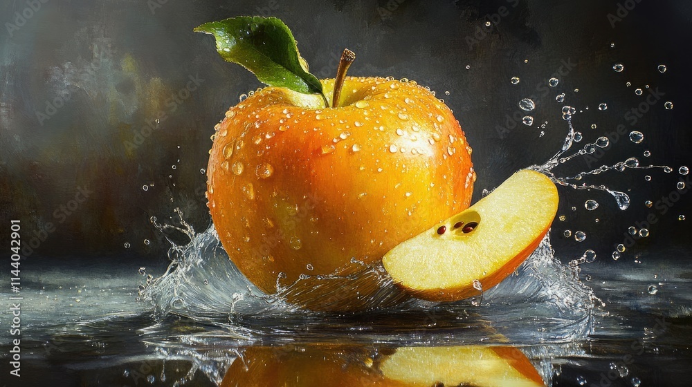 Aufkleber freshly harvested golden apple with water droplets creating splashes on a reflective surface showcas