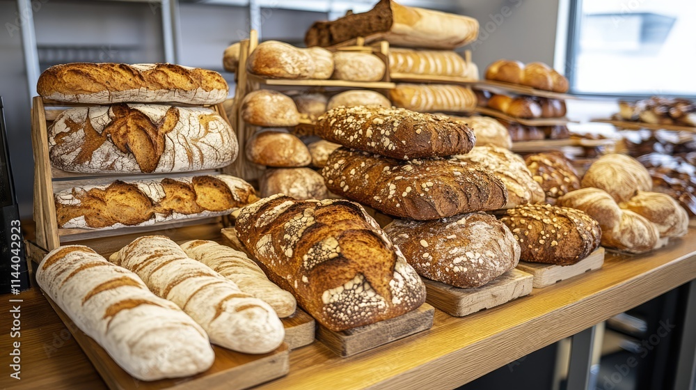 Aufkleber Variety of fresh artisanal breads displayed on wooden racks in a bakery setting creating a warm and inviting atmosphere