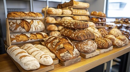 Variety of fresh artisanal breads displayed on wooden racks in a bakery setting creating a warm and inviting atmosphere