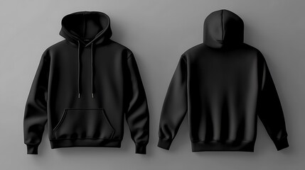 Black hoodie mockup photo front and back view blank apparel on gray background.. AI Generated