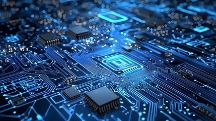 Sleek Blue Circuit Paths with Quantum Computing Concepts