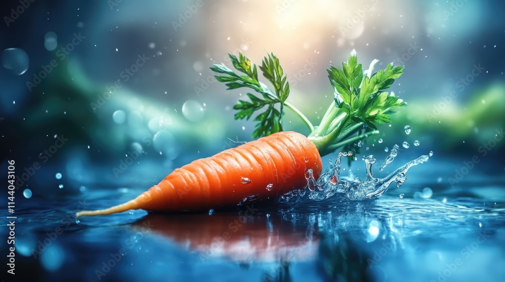 Poster freshly harvested carrot with green leaves splashing in water on a blurred background showcasing a r