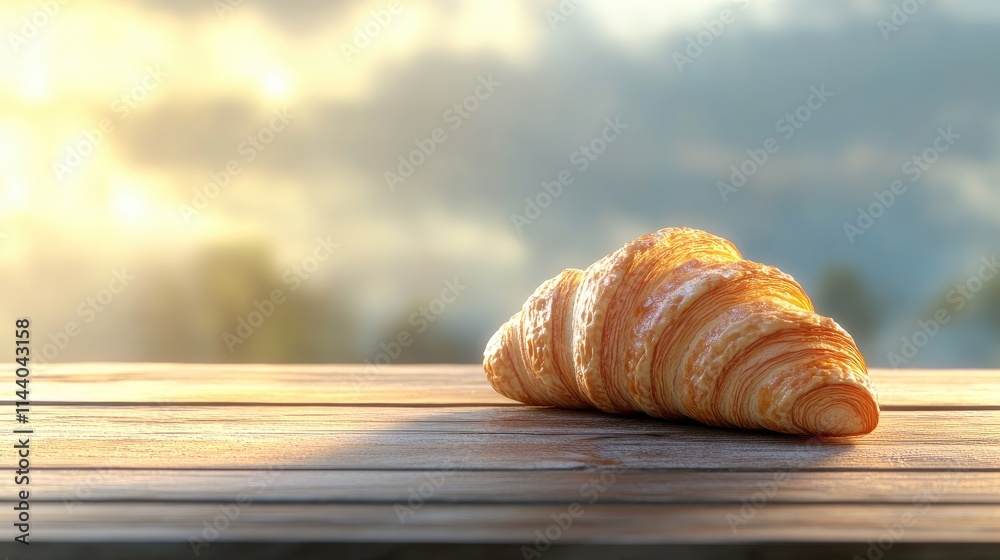Poster Golden croissant resting on rustic wooden table with soft sunlight creating a warm and inviting atmosphere in the background