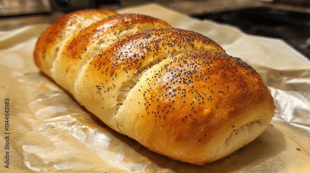 Poster homemade fresh bun filled with poppy seeds on parchment paper showcasing golden crust and soft textu