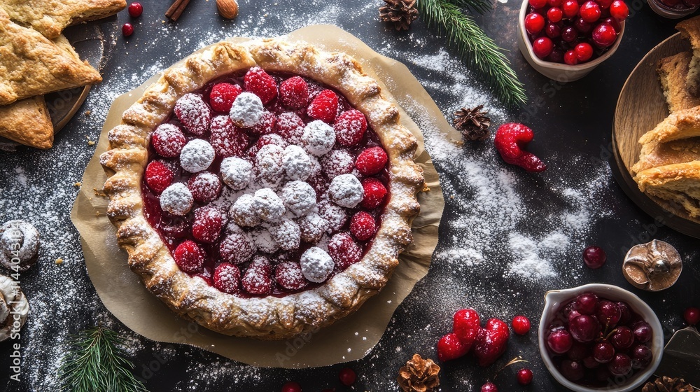 Aufkleber decadent berry tart with fresh cranberries and powdered sugar on rustic black background with season