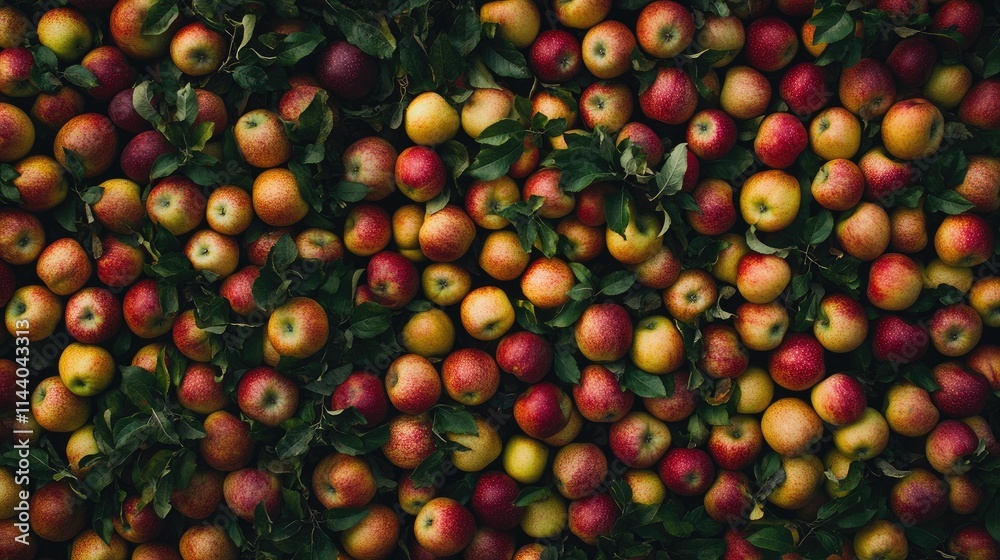 Poster Vibrant assortment of fresh red and green apples spread on a surface with green leaves creating a colorful natural background design