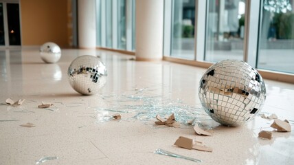 Broken disco balls scattered on a glossy floor with shards of glass.
