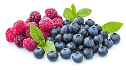 Fresh blueberries and raspberries with mint leaves on white background Healthy food concept for smoothies and nutritious recipes