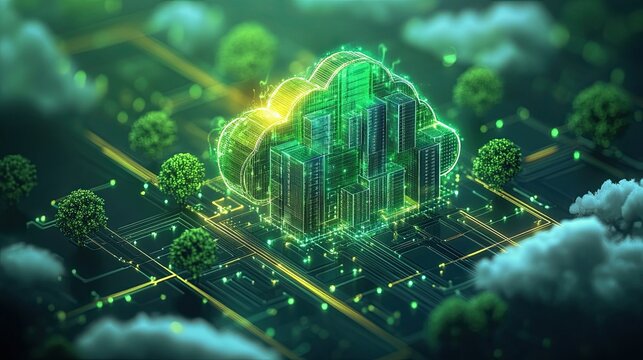 Environmental benefits cloud computing green energy icons data centers showcasing how data storage processing technologies use renewable energy eco-friendly practices to reduce carbon emissions