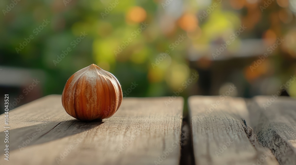 Poster freshly harvested brown hazelnut resting on a rustic wooden table with a blurred green background hi