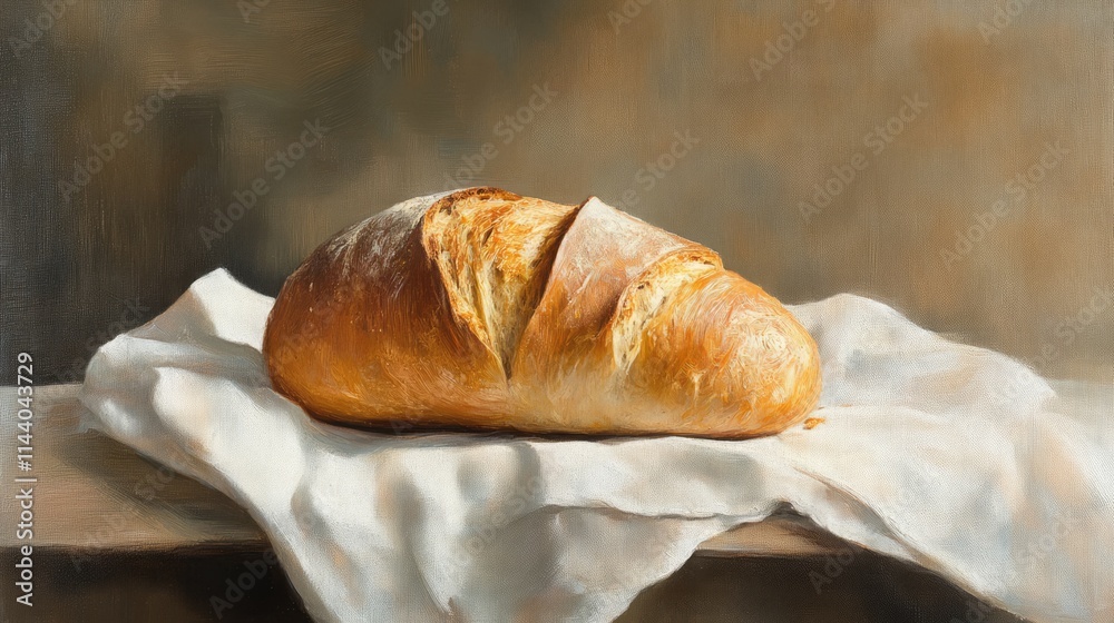 Poster artisan bread loaf beautifully displayed on a textured linen cloth highlighting its golden crust and