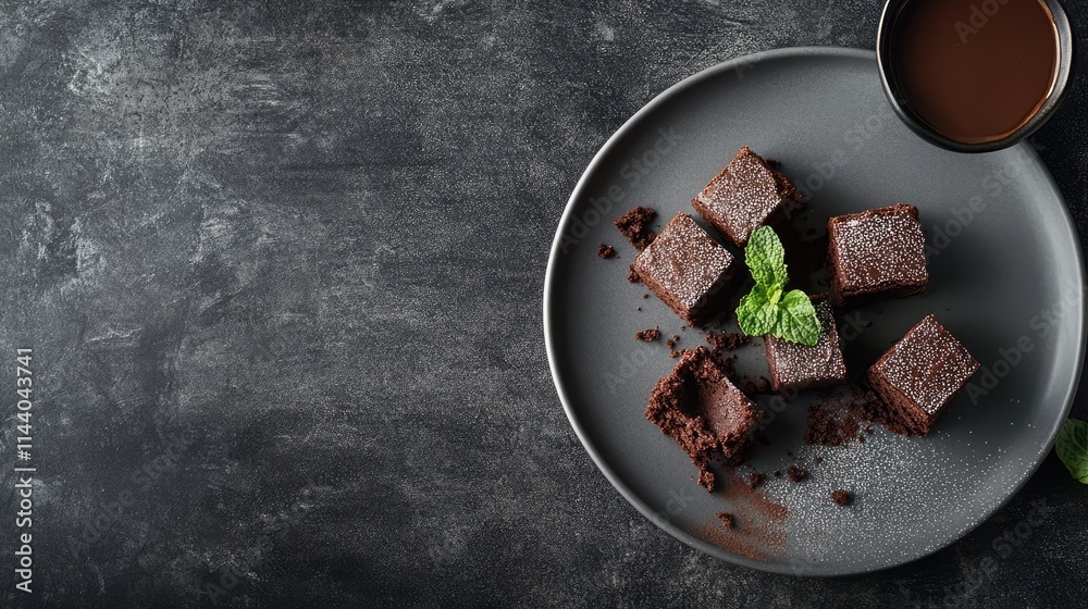 Poster deliciously plated fresh brownie pieces garnished with mint on a gray table setting with a cup of co
