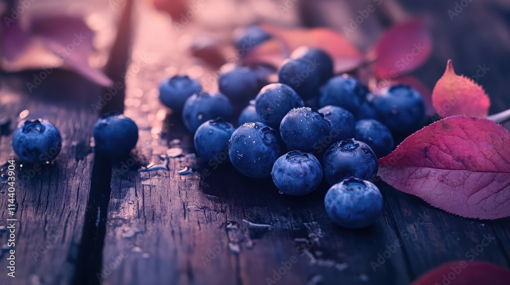 Poster fresh blueberries scattered on a rustic wooden table with autumn leaves and droplets of water reflec