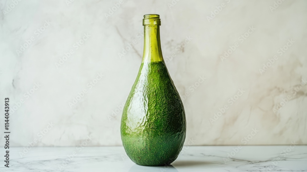 Poster unique avocado shaped glass bottle on marble countertop with a light background highlighting its tex