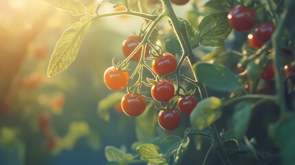 vine-ripened cherry tomatoes glowing in sunlight on vine ready for harvest in vibrant garden setting