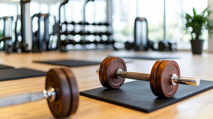 Fitness equipment in a modern gym setting with dumbbells and mats.