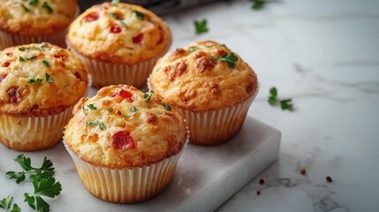 Homemade muffin pizzas with fresh ingredients displayed on a marble kitchen table inviting appetites and culinary creativity