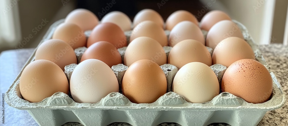 Poster organic farm-fresh chicken eggs in a carton showcasing various natural colors and farm-to-table qual