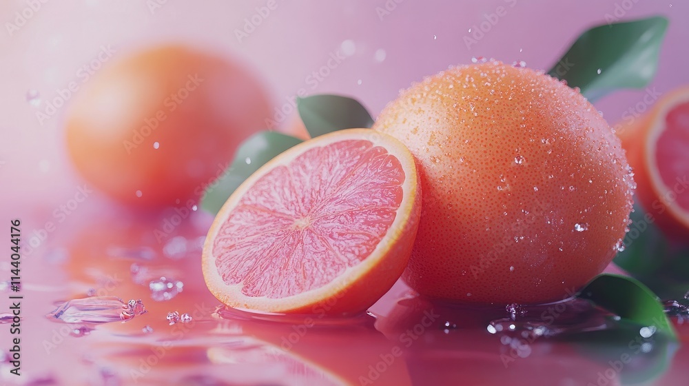 Poster vibrant juicy grapefruit with sliced segment glistening in light droplets surrounded by lush green l