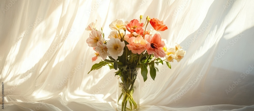 Poster vibrant bouquet of fresh flowers in a clear vase with soft light draping in the background creating 